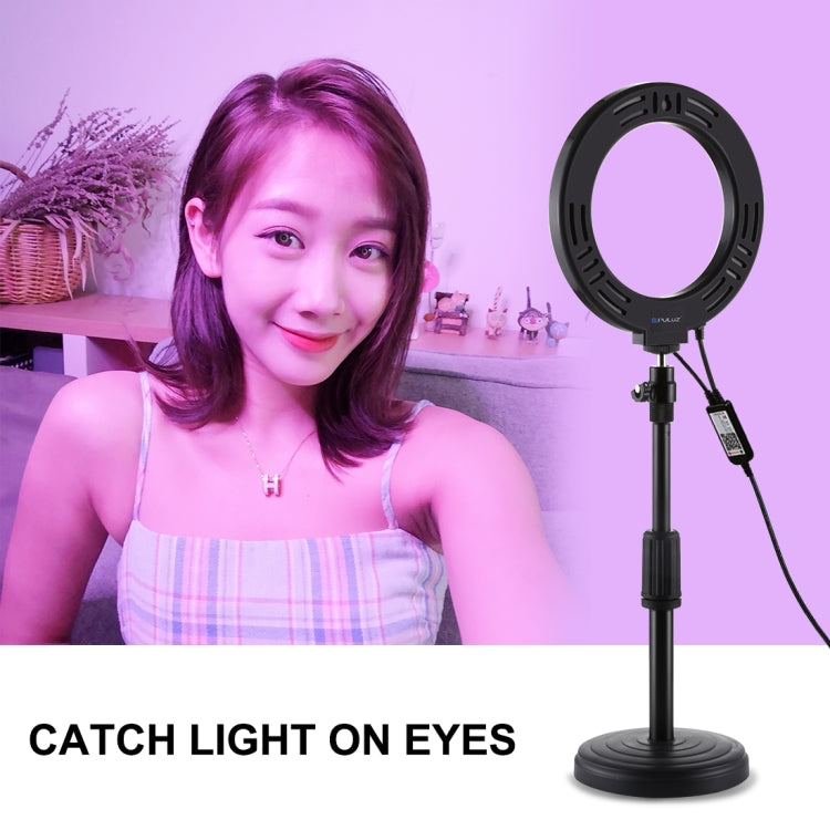 PULUZ 6.2 inch 16cm RGBW Light + Round Base Desktop Holder USB Dimmable LED Ring Vlogging Photography Video Lights with Cold Shoe Tripod Ball Head & Remote Control(Black) - free shipping - PMC Jewellery - Order now!