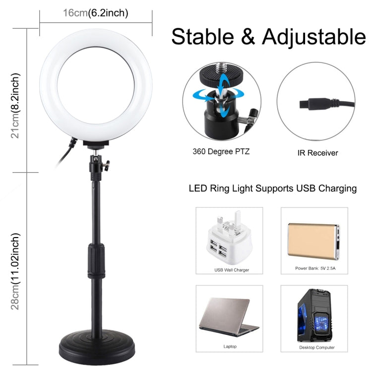 PULUZ 6.2 inch 16cm RGBW Light + Round Base Desktop Holder USB Dimmable LED Ring Vlogging Photography Video Lights with Cold Shoe Tripod Ball Head & Remote Control(Black) - free shipping - PMC Jewellery - Order now!