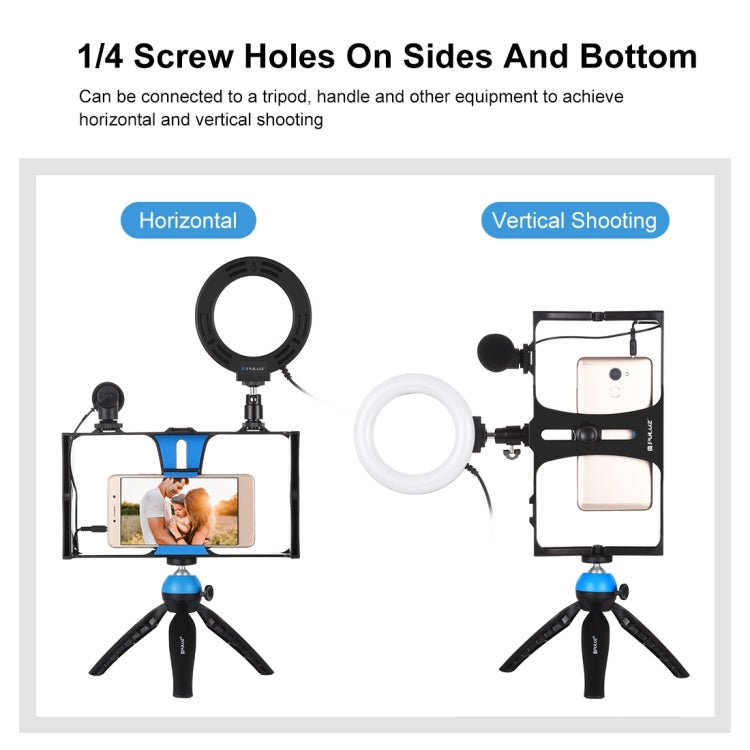PULUZ 4 in 1 Vlogging Live Broadcast Smartphone Video Rig + 4.7 inch 12cm RGBW Ring LED Selfie Light + Microphone + Pocket Tripod Mount Kits with Cold Shoe Tripod Head(Blue) - free shipping - PMC TechLife - Order now!