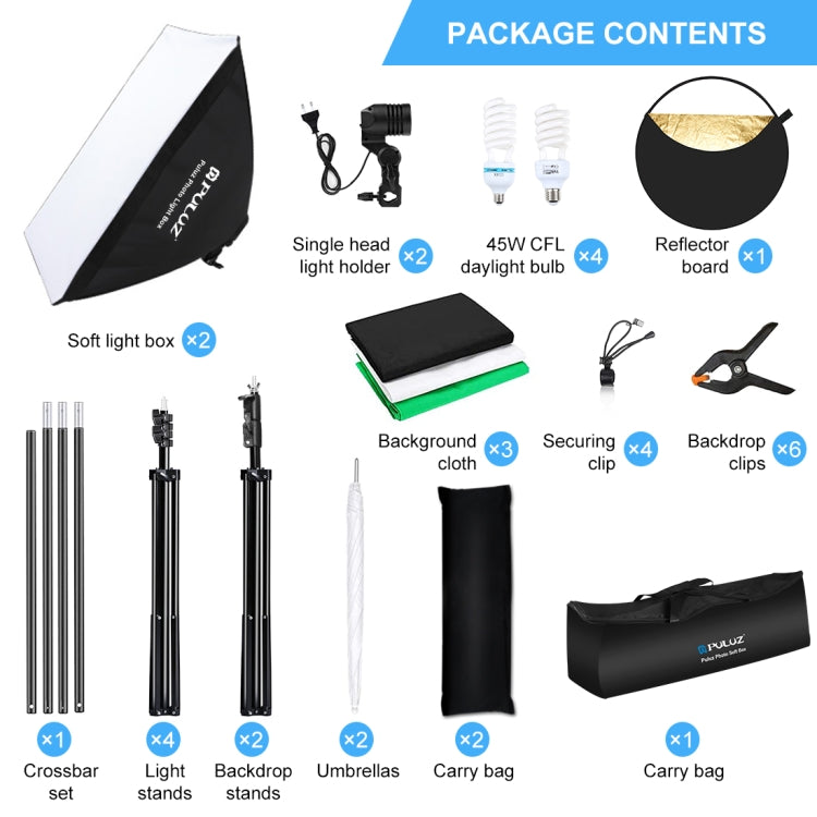 PULUZ LED Light Studio Softbox Photography Kit with Background & Reflective & Tripod Mount & Sandbags(EU Plug) - free shipping - PMC TechLife - Order now!
