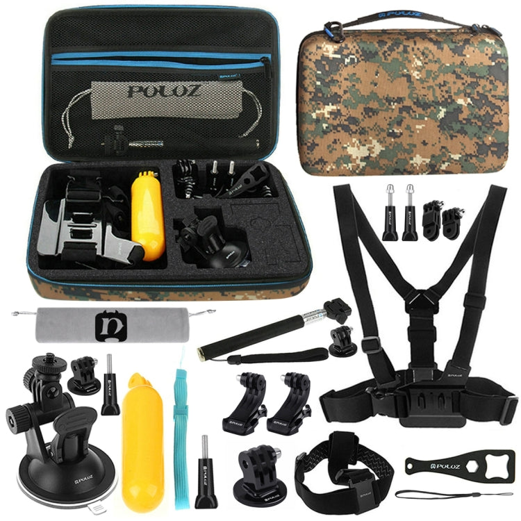 PULUZ 20 in 1 Accessories Combo Kit with Camouflage EVA Case (Chest Strap + Head Strap + Suction Cup Mount + 3-Way Pivot Arm + J-Hook Buckles + Extendable Monopod + Tripod Adapter + Bobber Hand Grip + ...  for GoPro, Insta360, DJI and Other Action Cameras -  by PULUZ | Online Shopping South Africa | PMC TechLife | Buy Now Pay Later Mobicred