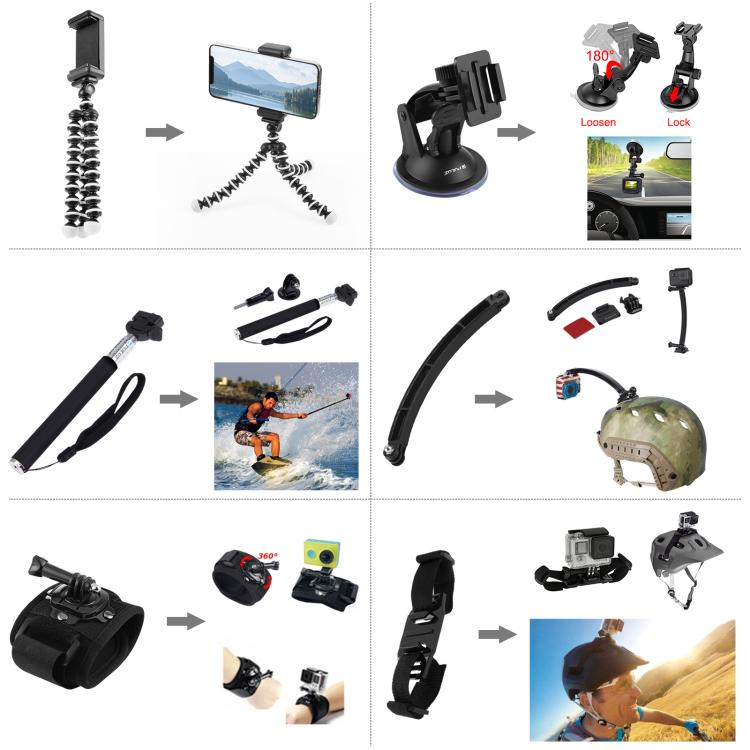 PULUZ 50 in 1 Accessories Total Ultimate Combo Kits with EVA Case (Chest Strap + Suction Cup Mount + 3-Way Pivot Arms + J-Hook Buckle + Wrist Strap + Helmet Strap + Extendable Monopod + Surface Mounts ...  for GoPro, Insta360, DJI and Other Action Cameras -  by PULUZ | Online Shopping South Africa | PMC TechLife | Buy Now Pay Later Mobicred