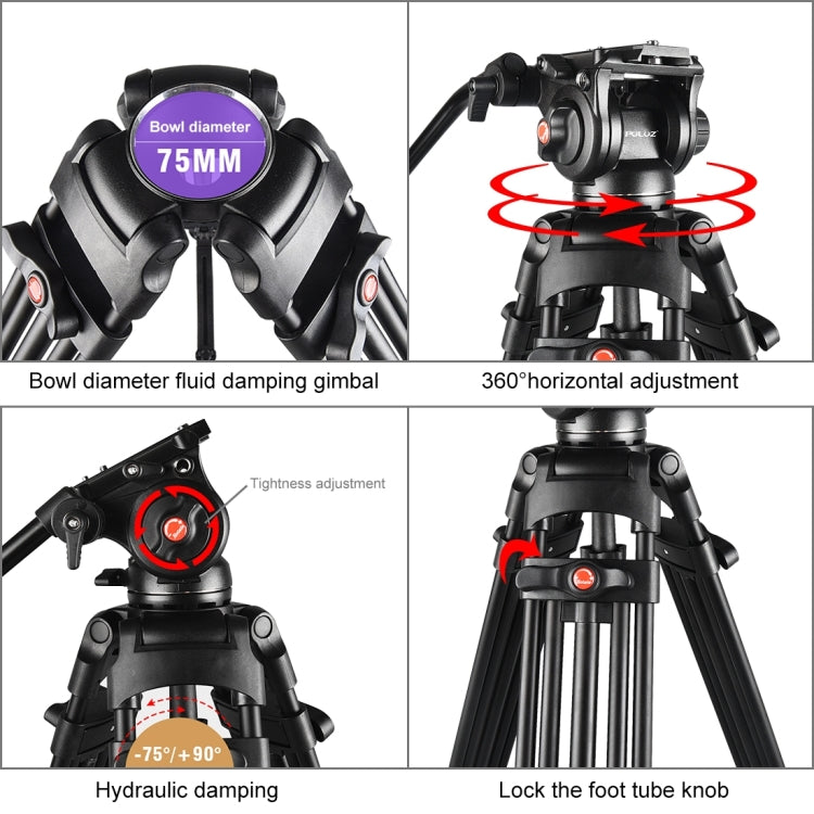 PULUZ Professional Heavy Duty Video Camcorder Aluminum Alloy Tripod with Fluid Drag Head for DSLR / SLR Camera, Adjustable Height: 80-160cm(Black) - free shipping - PMC TechLife - Order now!