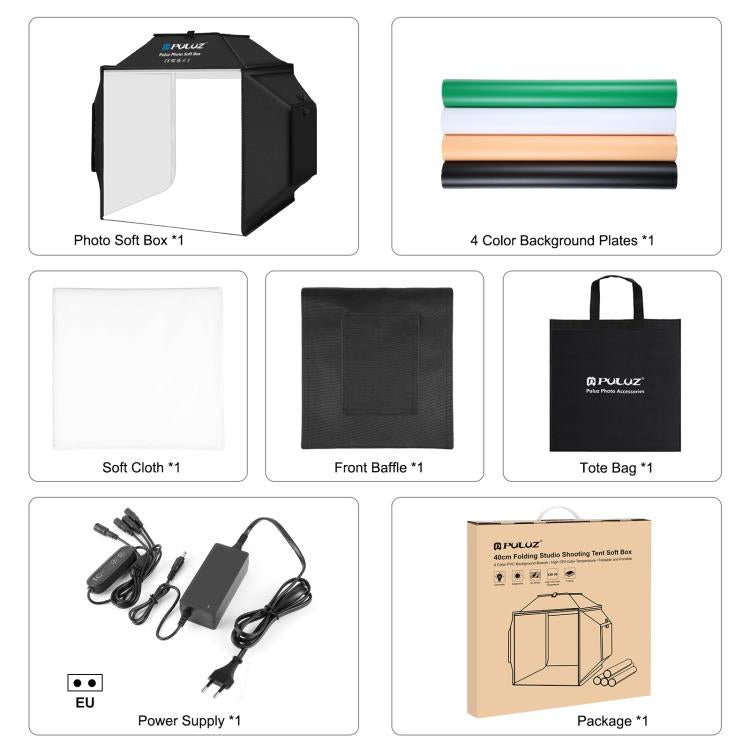 PULUZ 40cm Folding 72W 5500K Studio Shooting Tent Soft Box Photography Lighting Kit with 4 Colors (Black, Orange, White, Green) Backdrops(EU Plug) -  by PULUZ | Online Shopping South Africa | PMC TechLife | Buy Now Pay Later Mobicred
