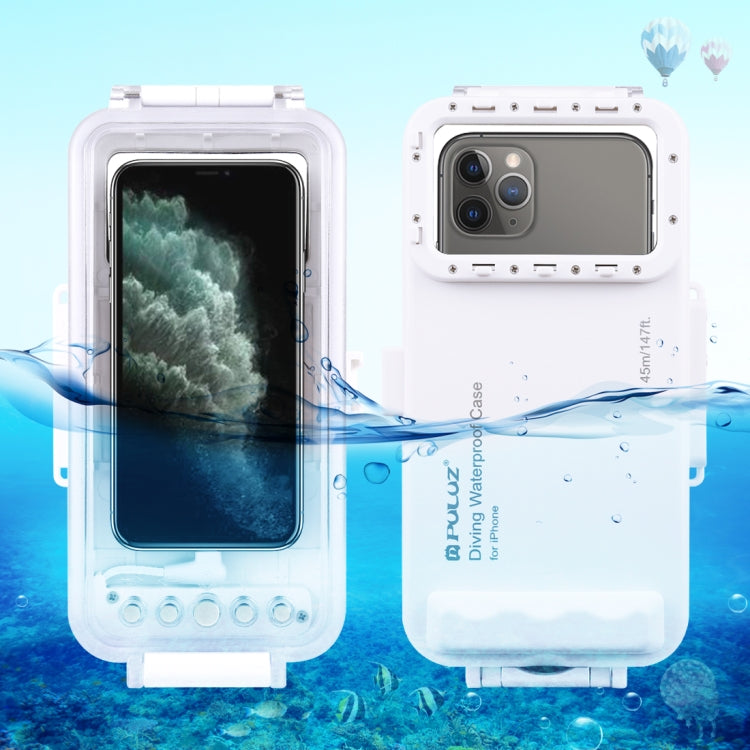 PULUZ 45m/147ft Waterproof Diving Case Photo Video Taking Underwater Housing Cover for iPhone 14 Series, iPhone 13 Series, iPhone 12 Series, iPhone 11 Series, iPhone X Series, iPhone 8 & 7, iPhone 6s, iOS 13.0 or Above Version iPhone(White) - iPhone 14 Pro Cases by PULUZ | Online Shopping South Africa | PMC TechLife | Buy Now Pay Later Mobicred