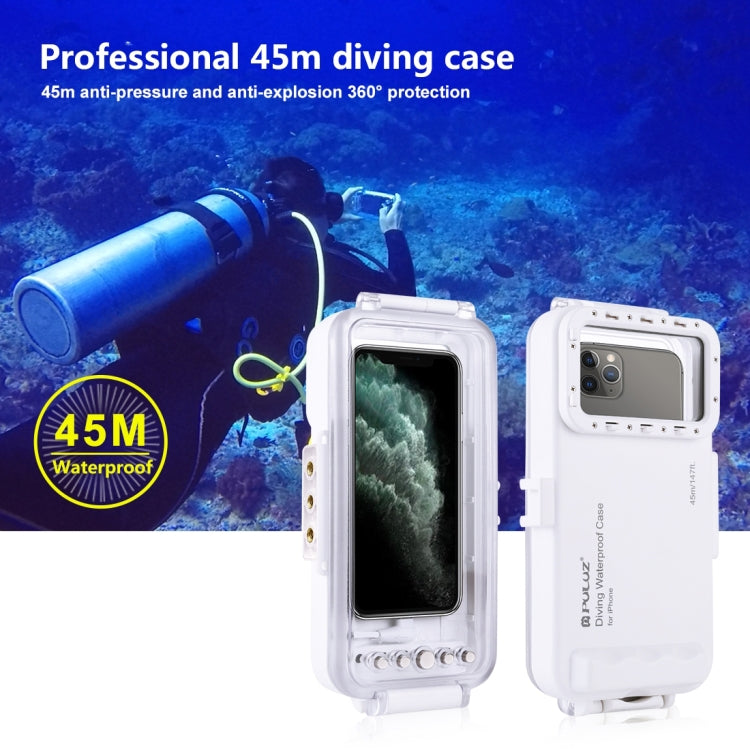 PULUZ 45m/147ft Waterproof Diving Case Photo Video Taking Underwater Housing Cover for iPhone 14 Series, iPhone 13 Series, iPhone 12 Series, iPhone 11 Series, iPhone X Series, iPhone 8 & 7, iPhone 6s, iOS 13.0 or Above Version iPhone(White) - iPhone 14 Pro Cases by PULUZ | Online Shopping South Africa | PMC TechLife | Buy Now Pay Later Mobicred