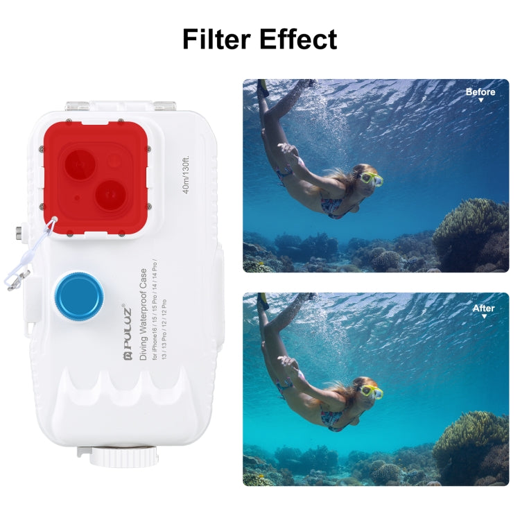 PULUZ 40m/130ft Waterproof Diving Case for iPhone 16 / 15 / 15 Pro / 14 / 14 Pro / 13 / 13 Pro / 12 / 12 Pro, with One-way Valve Photo Video Taking Underwater Housing Cover(White) - free shipping - PMC TechLife - Order now!