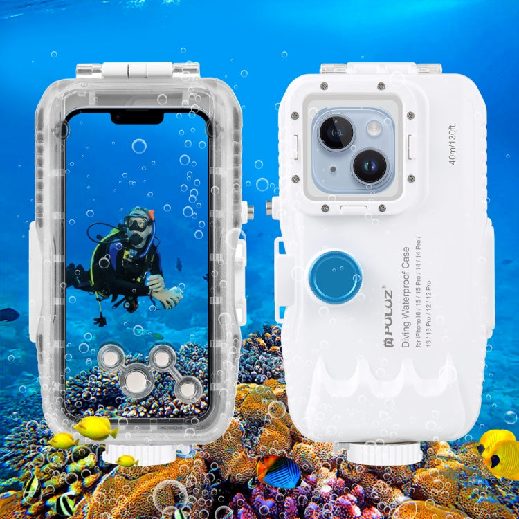 PULUZ 40m/130ft Waterproof Diving Case for iPhone 16 / 15 / 15 Pro / 14 / 14 Pro / 13 / 13 Pro / 12 / 12 Pro, with One-way Valve Photo Video Taking Underwater Housing Cover(White) - free shipping - PMC TechLife - Order now!