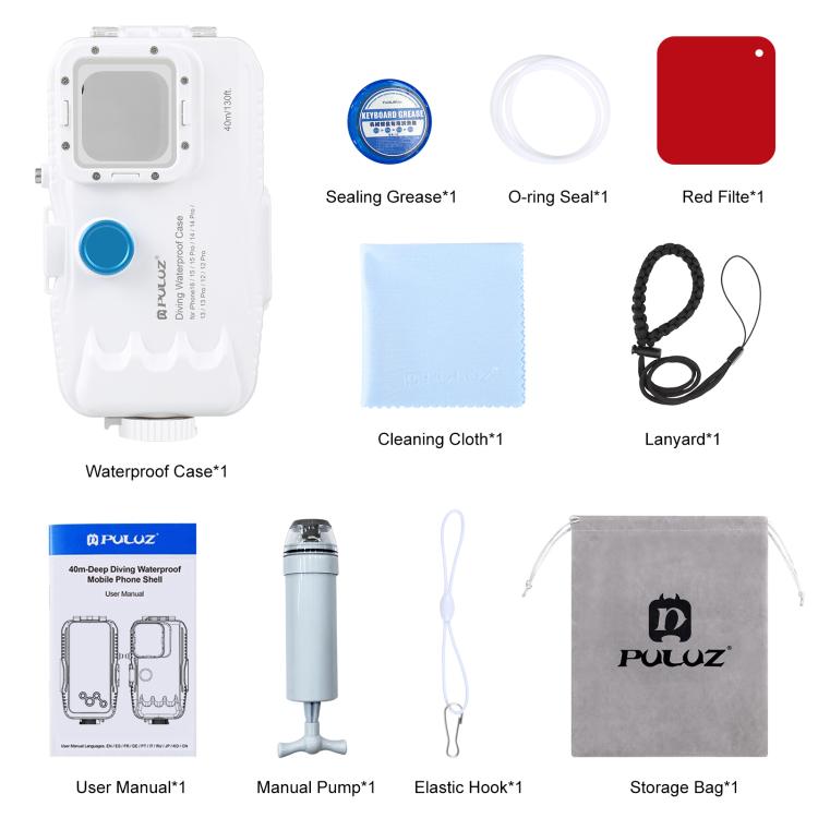 PULUZ 40m/130ft Waterproof Diving Case for iPhone 16 / 15 / 15 Pro / 14 / 14 Pro / 13 / 13 Pro / 12 / 12 Pro, with One-way Valve Photo Video Taking Underwater Housing Cover(White) - free shipping - PMC TechLife - Order now!