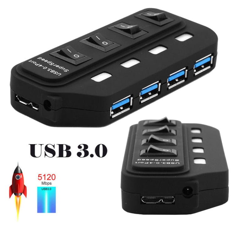 4 Ports USB 3.0 Hub with Individual Switches for each Data Transfer Ports(Black) - USB 3.0 HUB by PMC Jewellery | Online Shopping South Africa | PMC Jewellery | Buy Now Pay Later Mobicred