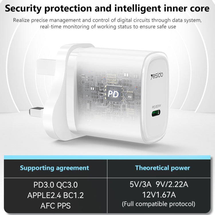 Yesido YC76BL PD 20W USB-C / Type-C Port Quick Charger with Type-C to 8 Pin Cable, UK Plug (Black) - USB Charger by Yesido | Online Shopping South Africa | PMC TechLife | Buy Now Pay Later Mobicred