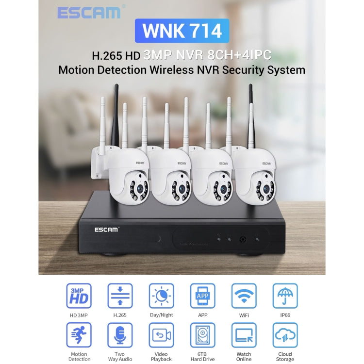 ESCAM WNK714 3.0 Million Pixels 4-channel HD Dome Camera NVR Wireless Monitoring Kit, AU Plug - free shipping - PMC TechLife - Order now!