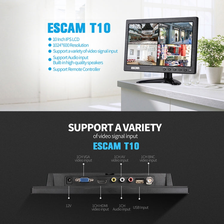 ESCAM T10 10.0 inch TFT LCD 1024x600 Monitor with VGA & HDMI & AV & BNC & USB for PC CCTV Security - free shipping - PMC TechLife - Order now!