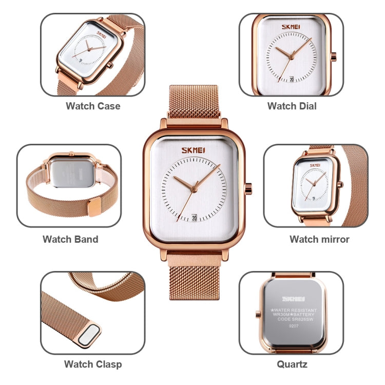 SKMEI 9207 Fashion Creative Simple Watch Men Magnetic Buckle Mesh Belt Steel Belt Couple Quartz Watch(Rose Gold White) - free shipping - PMC TechLife - Order now!