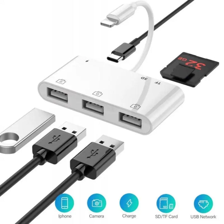 ZS-S1852 6 in 1 3 USB Female to 8 Pin Male OTG Camera Card Reader Adapter with SD & TF Card & 8 Pin Charging Interface, Support All iOS System - Converter & Adapter by PMC Jewellery | Online Shopping South Africa | PMC Jewellery | Buy Now Pay Later Mobicred