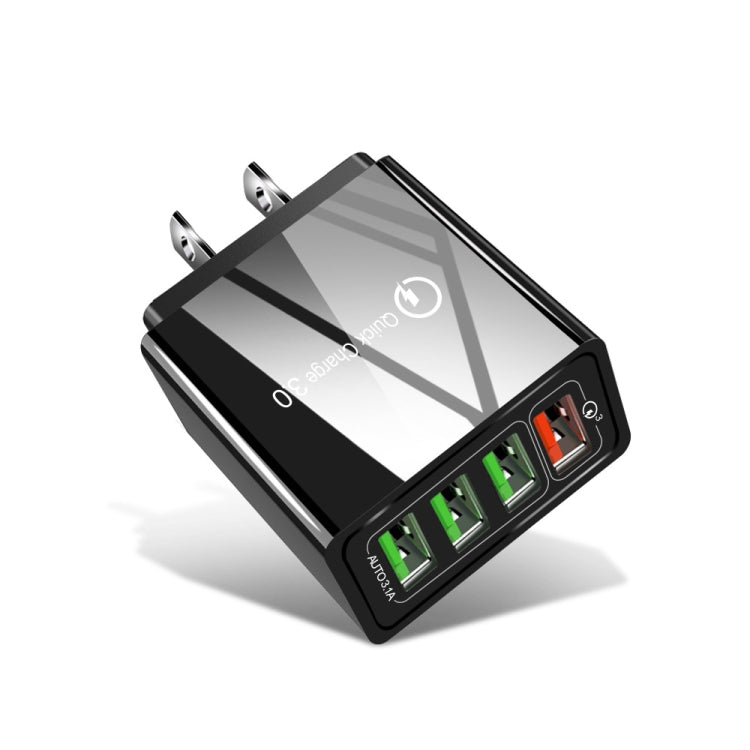 2 in 1 1m USB to 8 Pin Data Cable + 30W QC 3.0 4 USB Interfaces Mobile Phone Tablet PC Universal Quick Charger Travel Charger Set, US Plug(Black) - USB Charger by PMC Jewellery | Online Shopping South Africa | PMC Jewellery | Buy Now Pay Later Mobicred