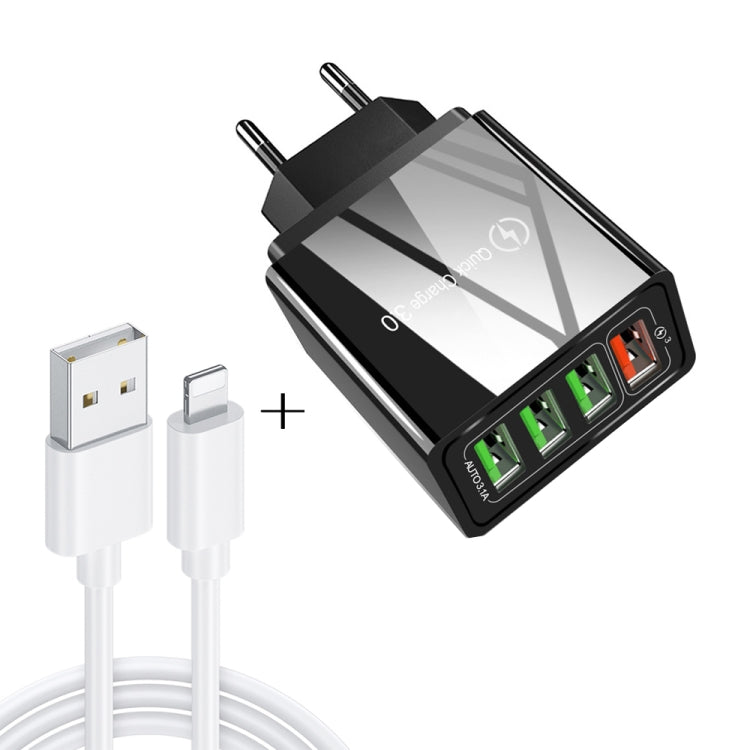 2 in 1 1m USB to 8 Pin Data Cable + 30W QC 3.0 4 USB Interfaces Mobile Phone Tablet PC Universal Quick Charger Travel Charger Set, EU Plug(Black) - USB Charger by PMC Jewellery | Online Shopping South Africa | PMC Jewellery | Buy Now Pay Later Mobicred