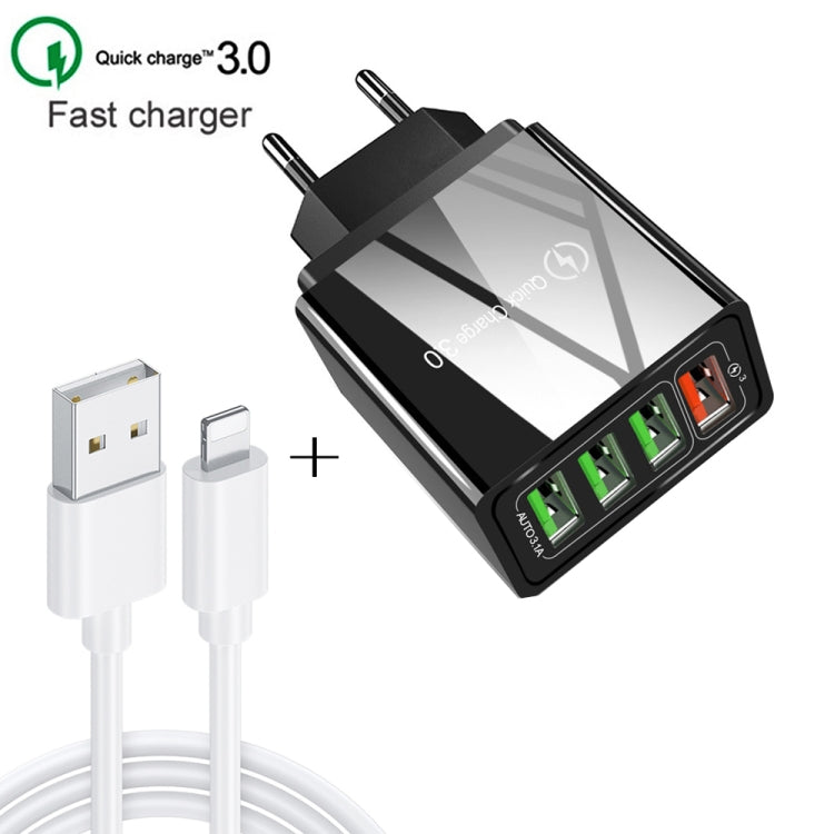 2 in 1 1m USB to 8 Pin Data Cable + 30W QC 3.0 4 USB Interfaces Mobile Phone Tablet PC Universal Quick Charger Travel Charger Set, EU Plug(Black) - USB Charger by PMC Jewellery | Online Shopping South Africa | PMC Jewellery | Buy Now Pay Later Mobicred