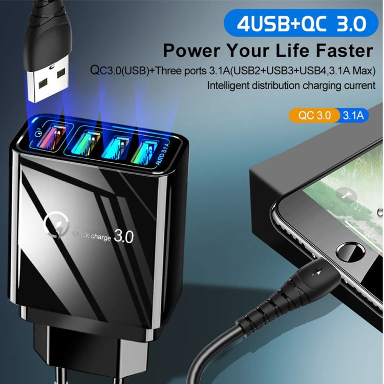 2 in 1 1m USB to 8 Pin Data Cable + 30W QC 3.0 4 USB Interfaces Mobile Phone Tablet PC Universal Quick Charger Travel Charger Set, EU Plug(Black) - USB Charger by PMC Jewellery | Online Shopping South Africa | PMC Jewellery | Buy Now Pay Later Mobicred
