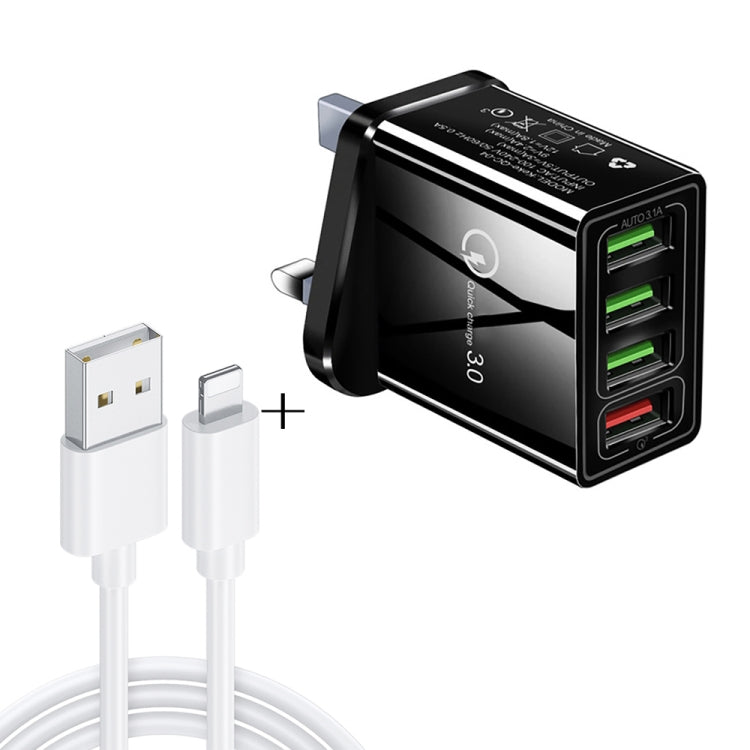 2 in 1 1m USB to 8 Pin Data Cable + 30W QC 3.0 4 USB Interfaces Mobile Phone Tablet PC Universal Quick Charger Travel Charger Set, UK Plug(Black) - USB Charger by PMC Jewellery | Online Shopping South Africa | PMC Jewellery | Buy Now Pay Later Mobicred