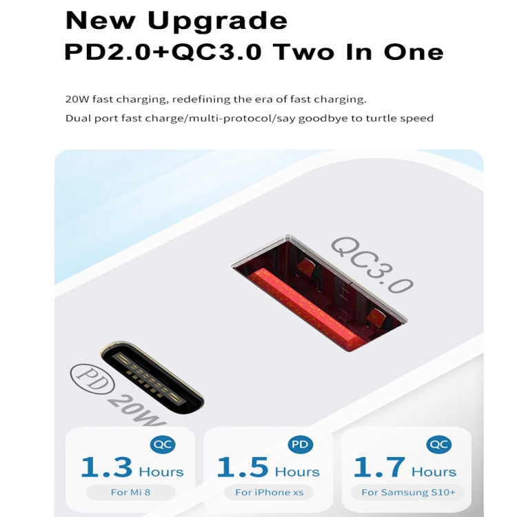 SDC-20WA+C 20W PD + QC 3.0 USB Dual Fast Charging Universal Travel Charger with Type-C / USB-C to 8 Pin Fast Charging Data Cable, UK Plug - USB Charger by PMC Jewellery | Online Shopping South Africa | PMC Jewellery | Buy Now Pay Later Mobicred