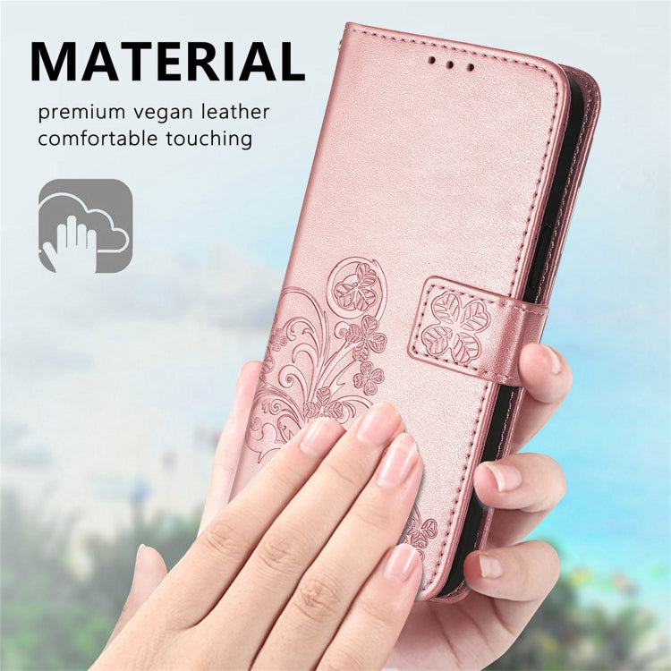 For OPPO A54  4G Four-leaf Clasp Embossed Buckle Mobile Phone Protection Leather Case with Lanyard & Card Slot & Wallet & Bracket Function(Rose Gold) - OPPO Cases by PMC TechLife | Online Shopping South Africa | PMC TechLife
