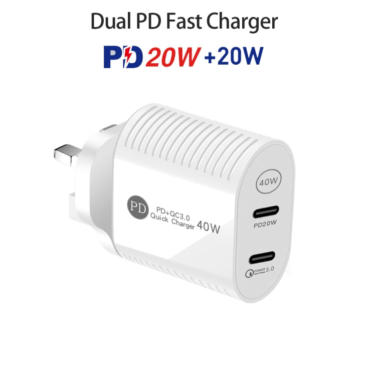 40W Dual Port PD / Type-C Fast Charger with Type-C to 8 Pin Data Cable, UK Plug(White) - free shipping - PMC Jewellery - Order now!