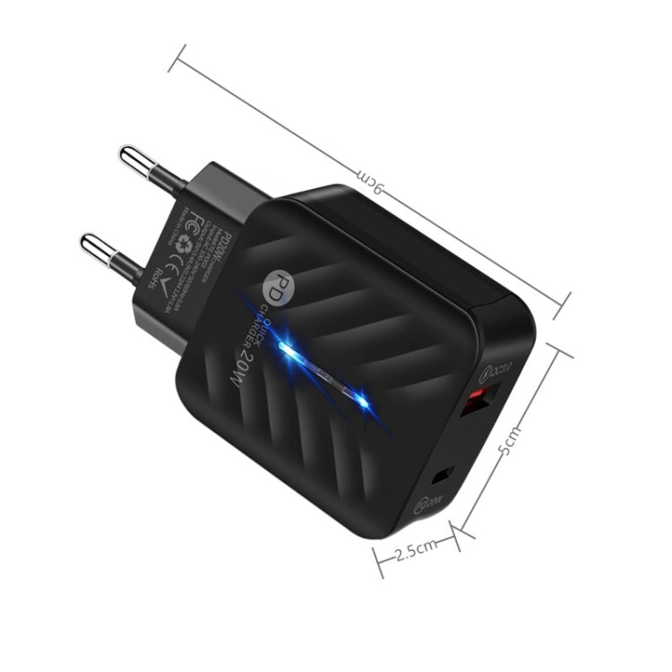 PD03 20W Type-C + QC3.0 USB Charger with Indicator Light, EU Plug(Black) - USB Charger by PMC Jewellery | Online Shopping South Africa | PMC Jewellery | Buy Now Pay Later Mobicred