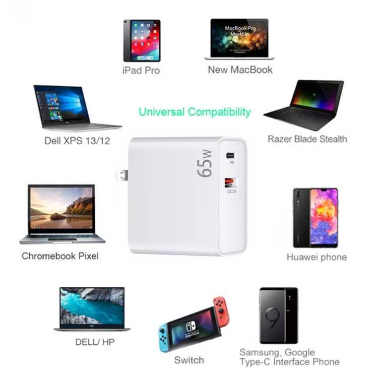 PD-65W USB-C / Type-C + QC3. 0 USB Laptop Charging Adapter + 2m USB-C / Type-C to USB-C / Type-C Data Cable Set, EU Plug / AU Plug / US Plug / UK Plug(White) - Cable & Adapter by PMC Jewellery | Online Shopping South Africa | PMC Jewellery | Buy Now Pay Later Mobicred