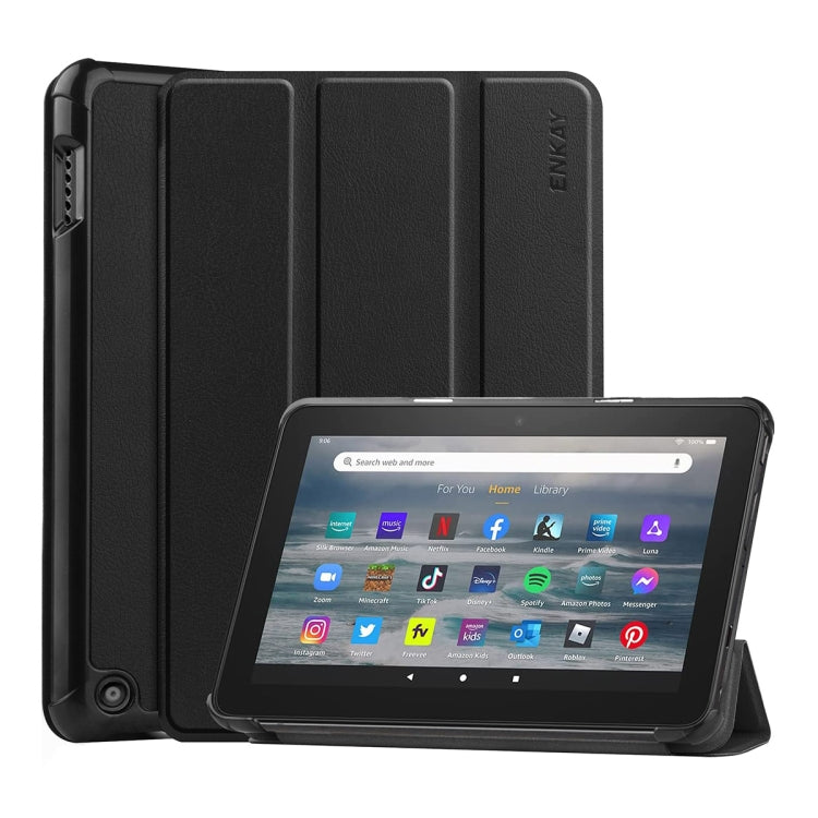 For Amazon Fire 7 12th 2022 ENKAY Smart Leather Tablet Case(Black) - Amazon by ENKAY | Online Shopping South Africa | PMC TechLife | Buy Now Pay Later Mobicred