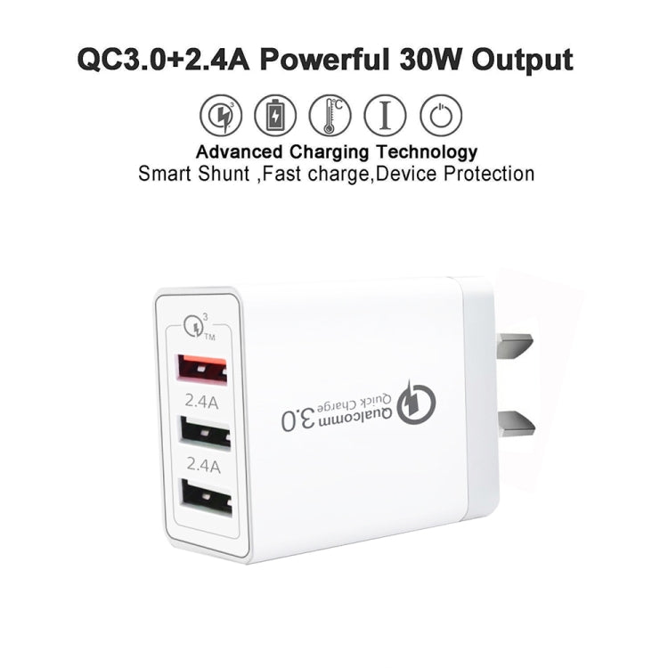 30W QC 3.0 USB + 2 x USB 2.0 Ports Mobile Phone Tablet Quick Charger, AU Plug - free shipping - PMC Jewellery - Order now!