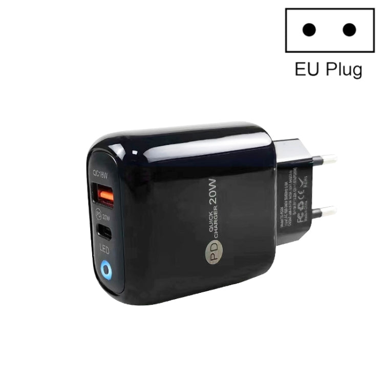 PD04 PD20W Type-C + QC18W USB Mobile Phone Charger with LED Indicator, EU Plug(Black) - free shipping - PMC Jewellery - Order now!