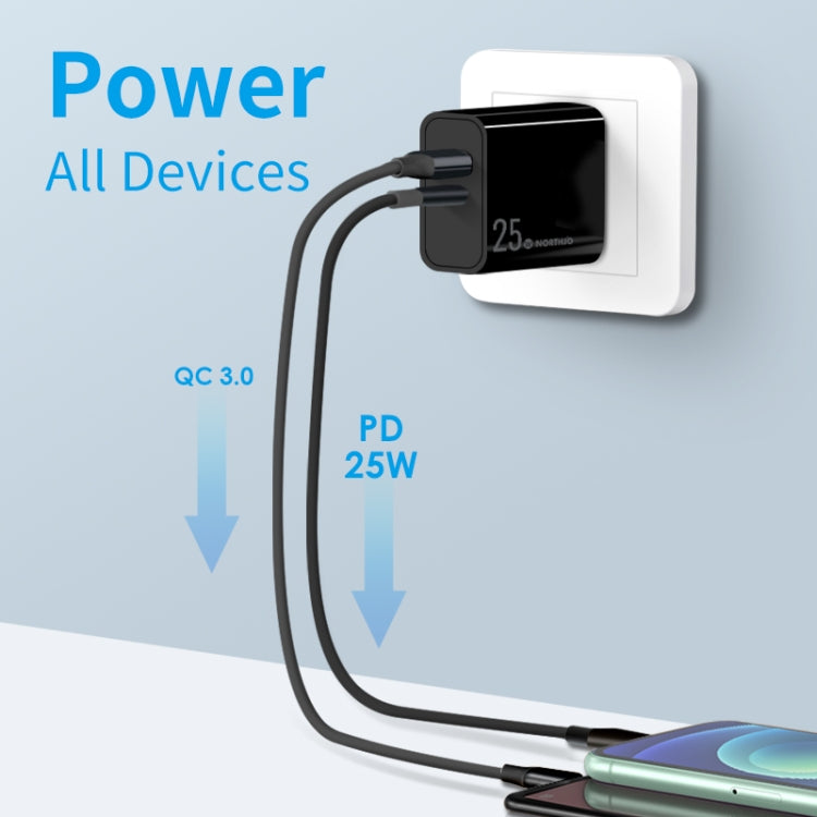 NORTHJO NOPD2502 PD 25W USB-C/Type-C + QC 3.0 USB Dual Ports Fast Charger, Plug Type:AU Plug(Black) - free shipping - PMC Jewellery - Order now!