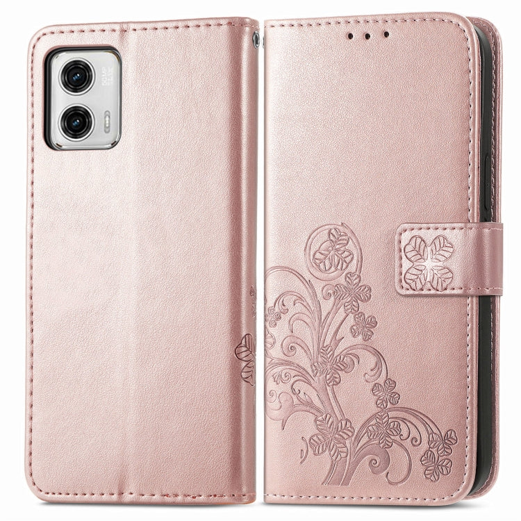 For Motorola Moto G73 Four-leaf Clasp Embossed Buckle Leather Phone Case(Rose Gold) - free shipping - PMC TechLife - Order now!