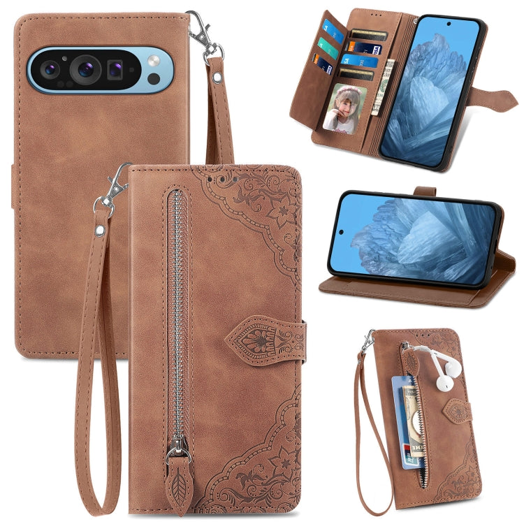 For Google Pixel 9 Pro Embossed Flower Zipper Leather Phone Case(Brown) - Google Cases by PMC TechLife | Online Shopping South Africa | PMC TechLife | Buy Now Pay Later Mobicred