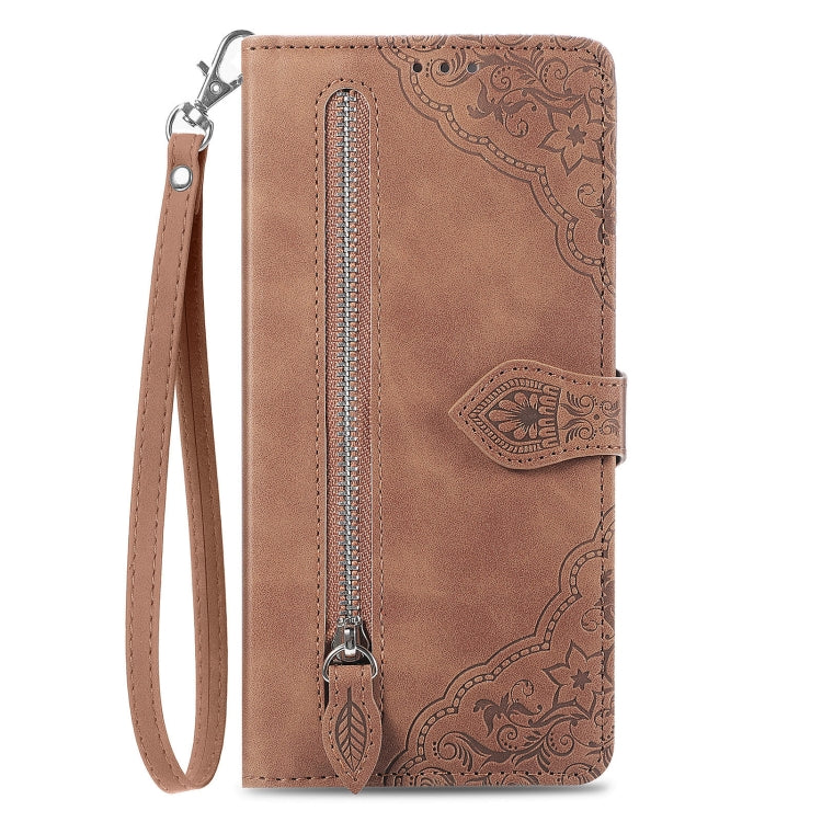 For Google Pixel 9 Pro Embossed Flower Zipper Leather Phone Case(Brown) - Google Cases by PMC TechLife | Online Shopping South Africa | PMC TechLife | Buy Now Pay Later Mobicred