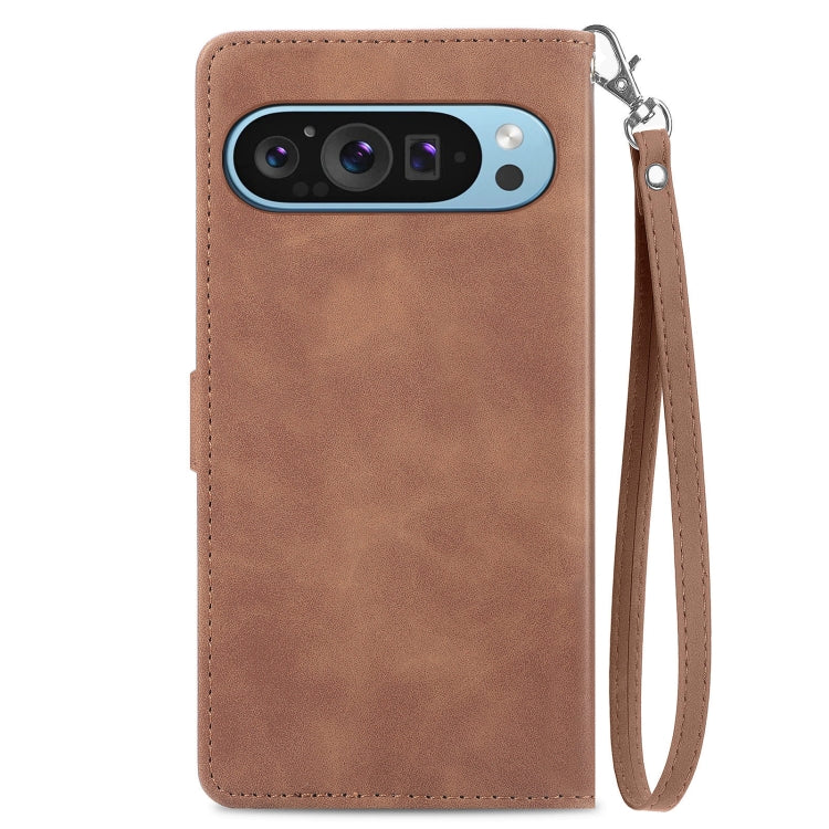 For Google Pixel 9 Pro Embossed Flower Zipper Leather Phone Case(Brown) - Google Cases by PMC TechLife | Online Shopping South Africa | PMC TechLife | Buy Now Pay Later Mobicred
