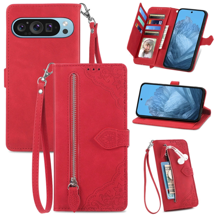 For Google Pixel 9 Pro Embossed Flower Zipper Leather Phone Case(Red) - Google Cases by PMC TechLife | Online Shopping South Africa | PMC TechLife | Buy Now Pay Later Mobicred