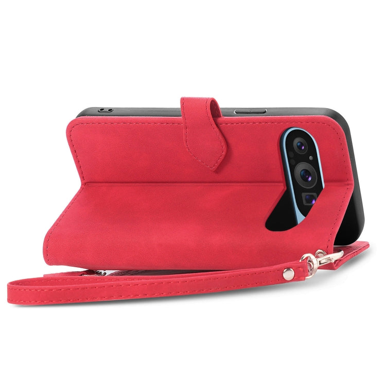 For Google Pixel 9 Pro Embossed Flower Zipper Leather Phone Case(Red) - Google Cases by PMC TechLife | Online Shopping South Africa | PMC TechLife | Buy Now Pay Later Mobicred