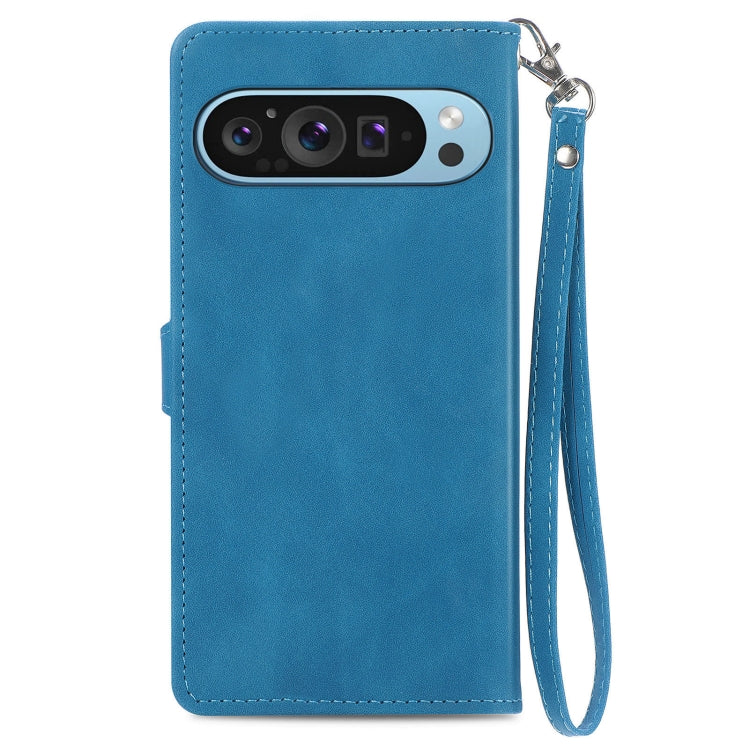 For Google Pixel 9 Embossed Flower Zipper Leather Phone Case(Blue) - Google Cases by PMC TechLife | Online Shopping South Africa | PMC TechLife | Buy Now Pay Later Mobicred