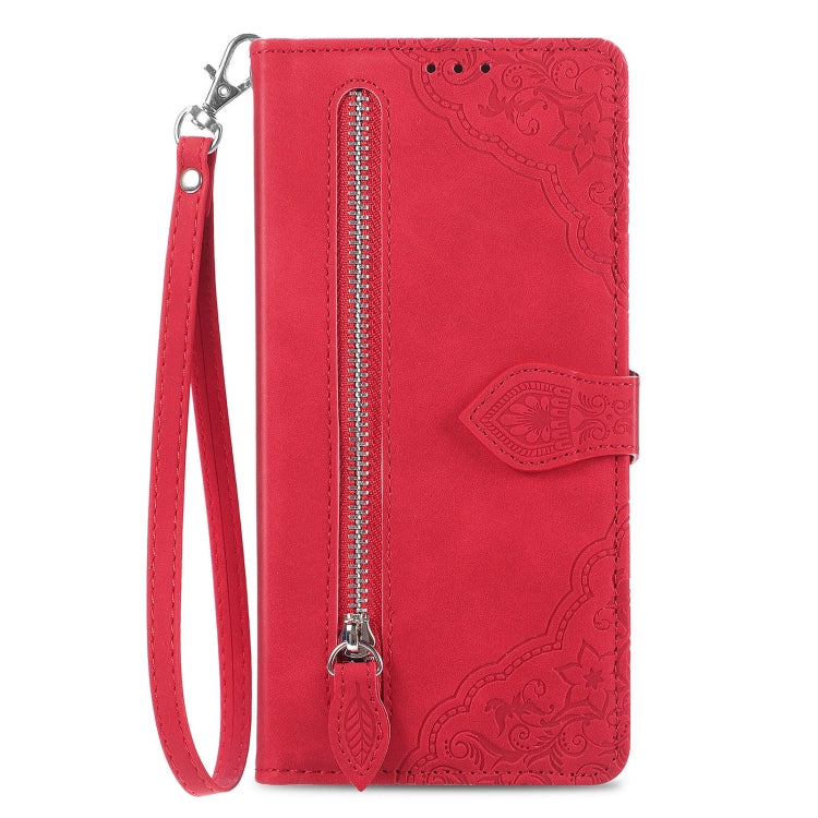 For Google Pixel 9 Embossed Flower Zipper Leather Phone Case(Red) - Google Cases by PMC TechLife | Online Shopping South Africa | PMC TechLife | Buy Now Pay Later Mobicred