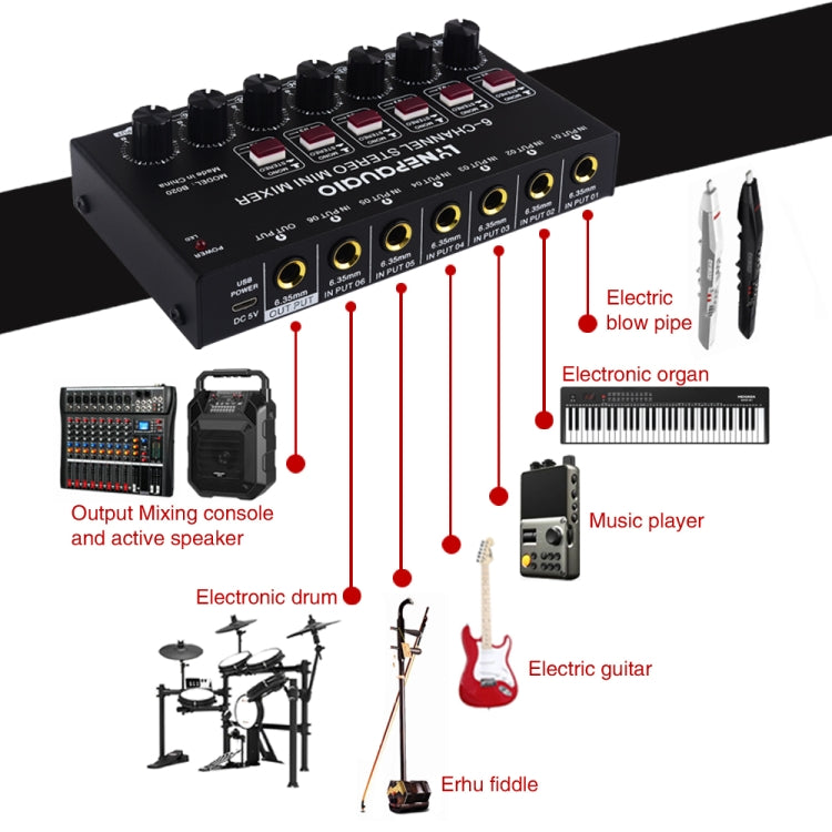 B020 Mini 6-Channel Stereo Audio Mixer Musical Instrument Mixer Electric Wind Electric Guitar Electronic Piano Drums Mixer -  by PMC TechLife | Online Shopping South Africa | PMC TechLife | Buy Now Pay Later Mobicred