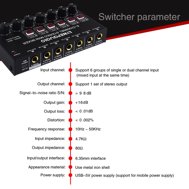 B020 Mini 6-Channel Stereo Audio Mixer Musical Instrument Mixer Electric Wind Electric Guitar Electronic Piano Drums Mixer -  by PMC TechLife | Online Shopping South Africa | PMC TechLife | Buy Now Pay Later Mobicred