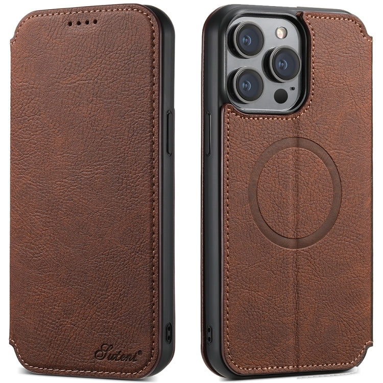 For iPhone 14 Pro Max Suteni J06 Retro Matte Litchi Texture Leather Magnetic Magsafe Phone Case(Brown) - free shipping - PMC Jewellery - Order now!