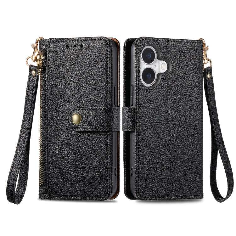 For iPhone 16 Pro Love Zipper Lanyard Leather Phone Case(Black) - free shipping - PMC Jewellery - Order now!