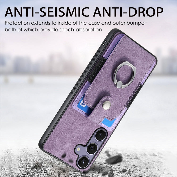For Samsung Galaxy S25 5G Retro Skin-feel Ring Card Wallet Phone Case(Purple) - Galaxy S25 5G Cases by PMC TechLife | Online Shopping South Africa | PMC TechLife | Buy Now Pay Later Mobicred