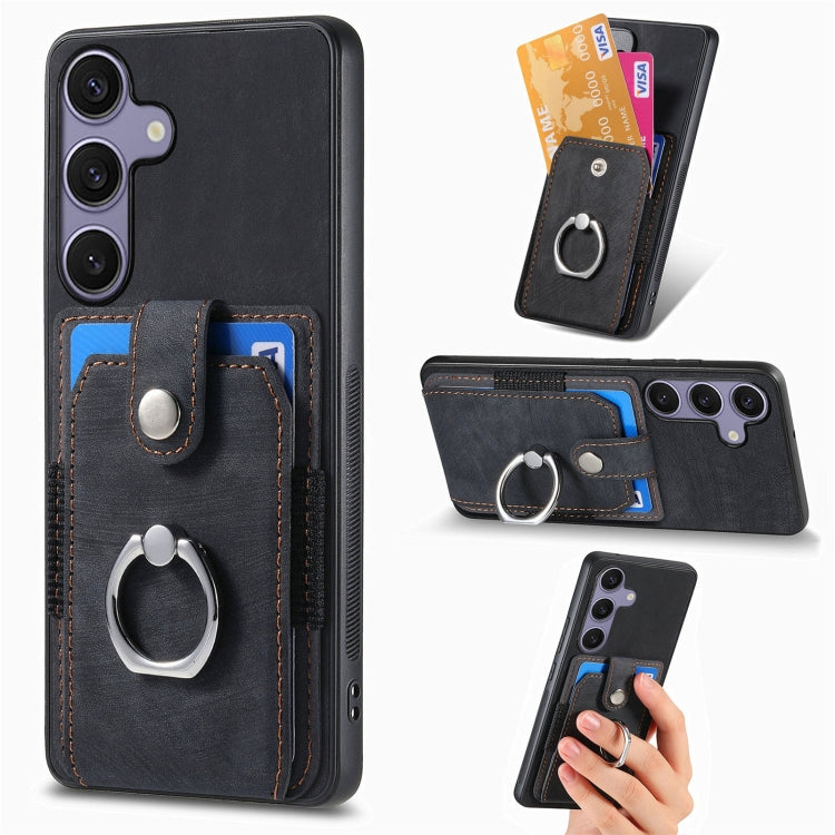For Samsung Galaxy S25+ 5G Retro Skin-feel Ring Card Wallet Phone Case(Black) - Galaxy S25+ 5G Cases by PMC TechLife | Online Shopping South Africa | PMC TechLife | Buy Now Pay Later Mobicred