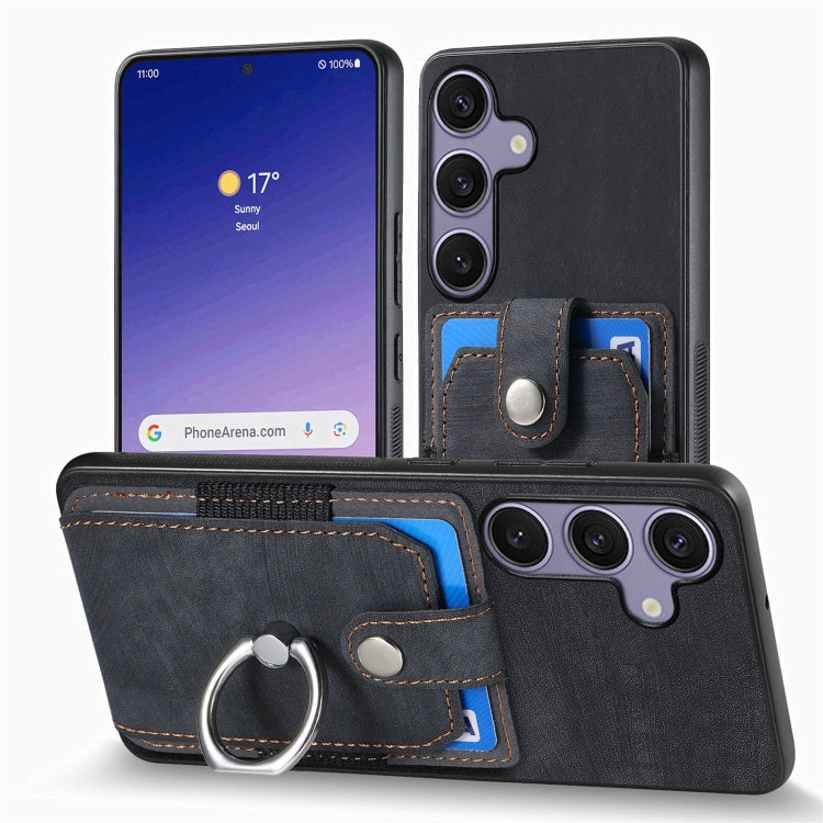 For Samsung Galaxy S25+ 5G Retro Skin-feel Ring Card Wallet Phone Case(Black) - Galaxy S25+ 5G Cases by PMC TechLife | Online Shopping South Africa | PMC TechLife | Buy Now Pay Later Mobicred