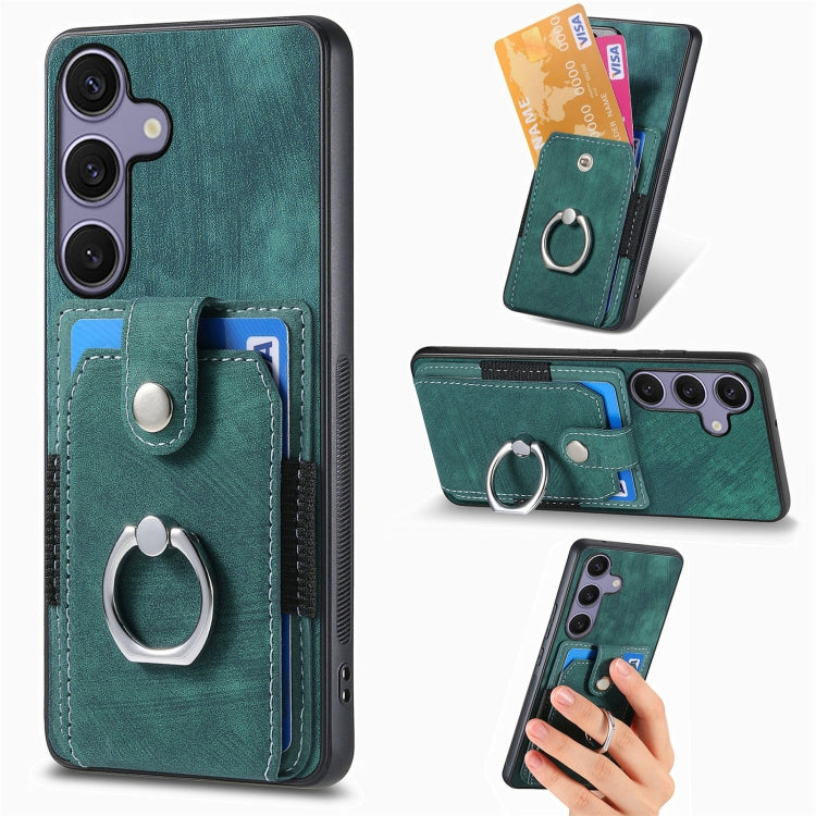 For Samsung Galaxy S25+ 5G Retro Skin-feel Ring Card Wallet Phone Case(Green) - Galaxy S25+ 5G Cases by PMC TechLife | Online Shopping South Africa | PMC TechLife | Buy Now Pay Later Mobicred