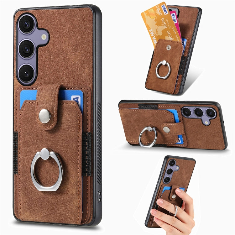 For Samsung Galaxy S25+ 5G Retro Skin-feel Ring Card Wallet Phone Case(Brown) - Galaxy S25+ 5G Cases by PMC TechLife | Online Shopping South Africa | PMC TechLife | Buy Now Pay Later Mobicred